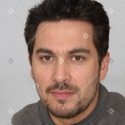 Neutral white adult male with short  brown hair and brown eyes