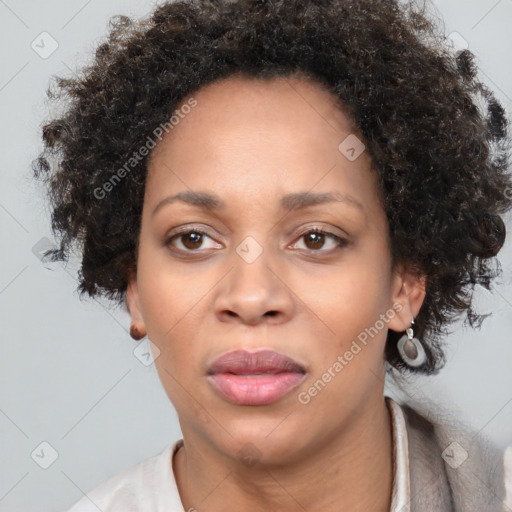 Neutral black adult female with short  brown hair and brown eyes