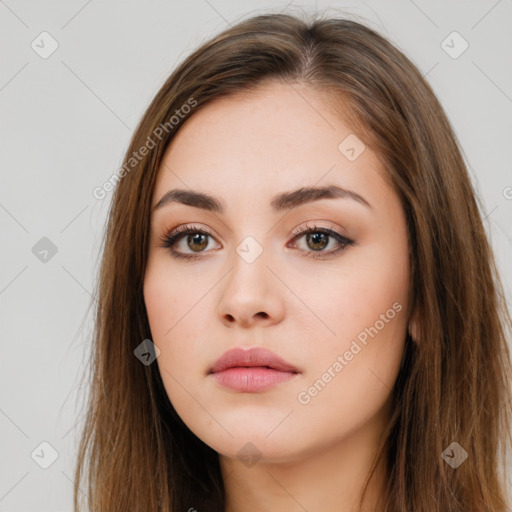 Neutral white young-adult female with long  brown hair and brown eyes