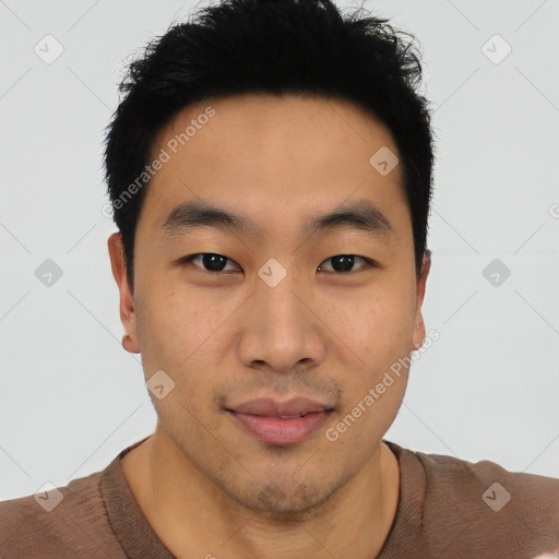 Neutral asian young-adult male with short  black hair and brown eyes