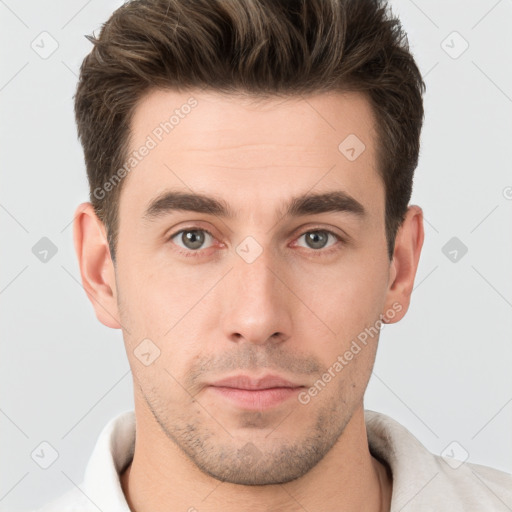 Neutral white young-adult male with short  brown hair and brown eyes