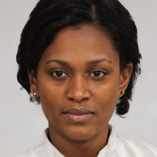 Neutral black adult female with short  black hair and brown eyes