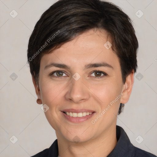 Joyful white young-adult female with short  brown hair and brown eyes