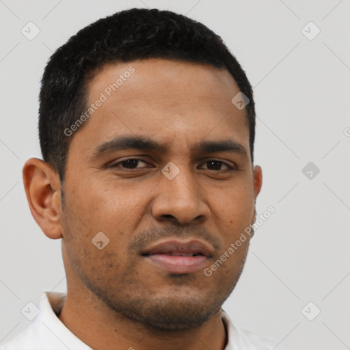 Neutral latino young-adult male with short  black hair and brown eyes