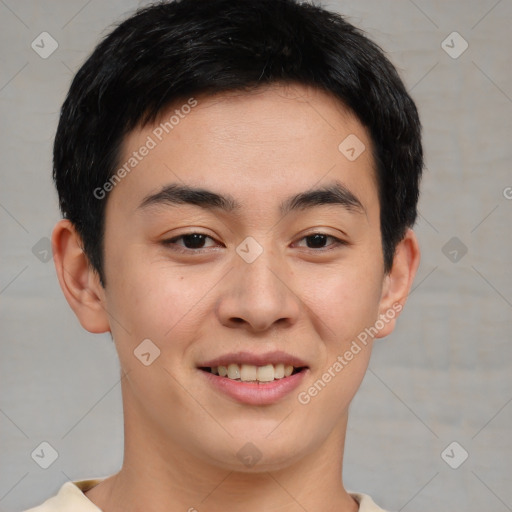 Joyful asian young-adult male with short  brown hair and brown eyes