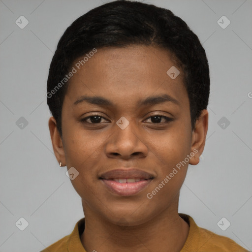 Joyful black young-adult female with short  black hair and brown eyes