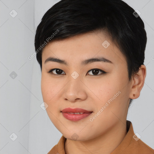 Joyful asian young-adult female with short  black hair and brown eyes