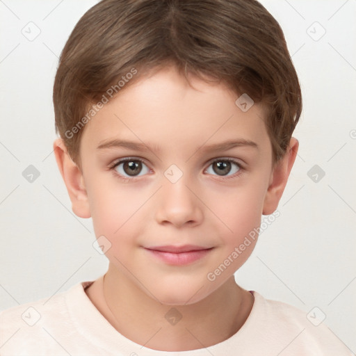 Joyful white child female with short  brown hair and brown eyes