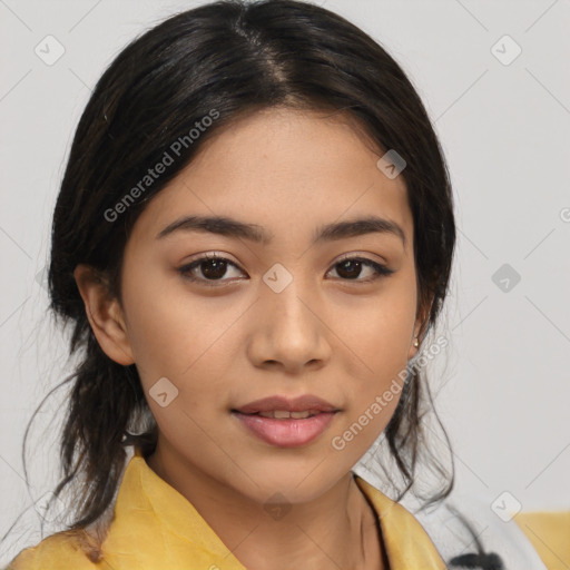 Joyful latino young-adult female with medium  brown hair and brown eyes