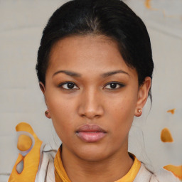 Neutral latino young-adult female with short  brown hair and brown eyes