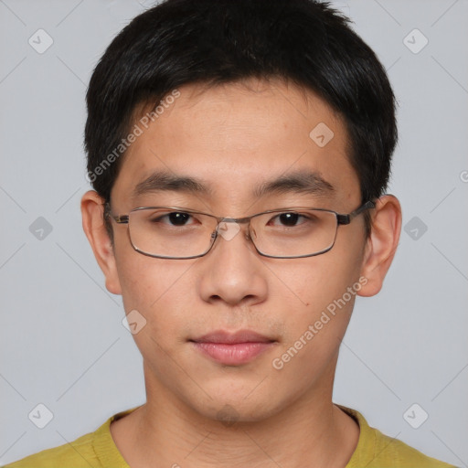 Neutral asian young-adult male with short  brown hair and brown eyes