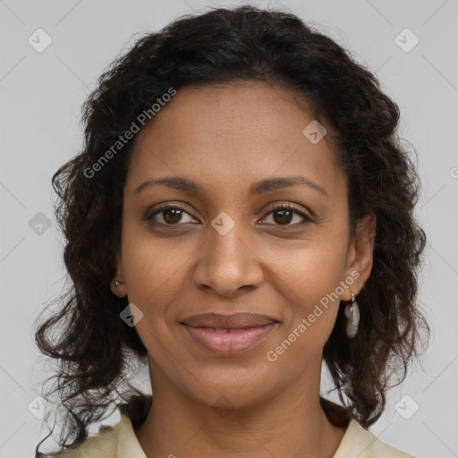 Joyful black young-adult female with medium  brown hair and brown eyes