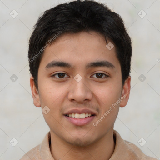 Joyful asian young-adult male with short  brown hair and brown eyes