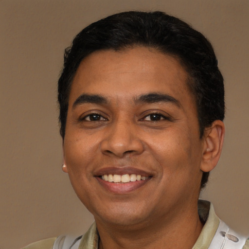Joyful latino young-adult male with short  brown hair and brown eyes