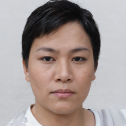 Neutral asian young-adult female with short  black hair and brown eyes