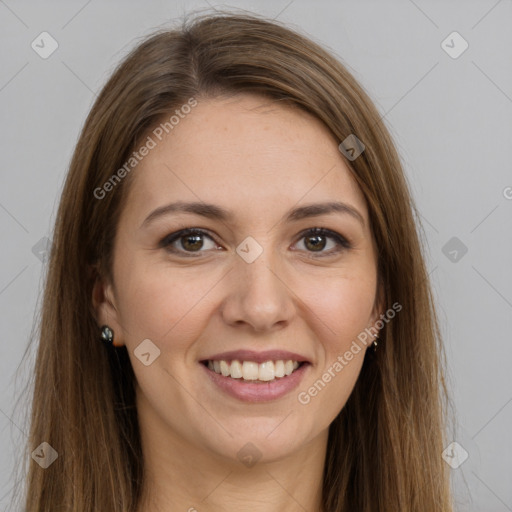 Joyful white young-adult female with long  brown hair and grey eyes