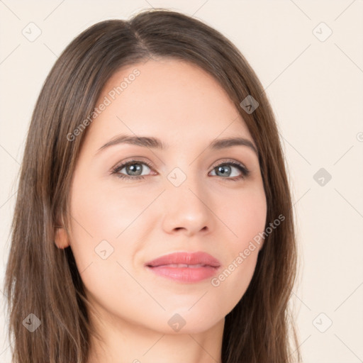 Neutral white young-adult female with long  brown hair and brown eyes