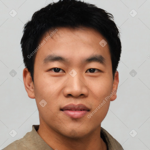 Neutral asian young-adult male with short  black hair and brown eyes