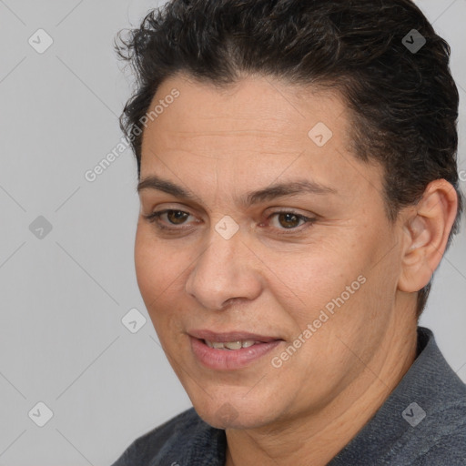 Joyful white adult female with short  brown hair and brown eyes