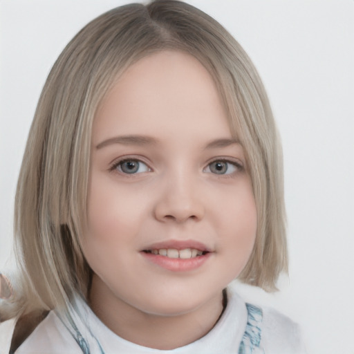 Neutral white child female with medium  brown hair and grey eyes