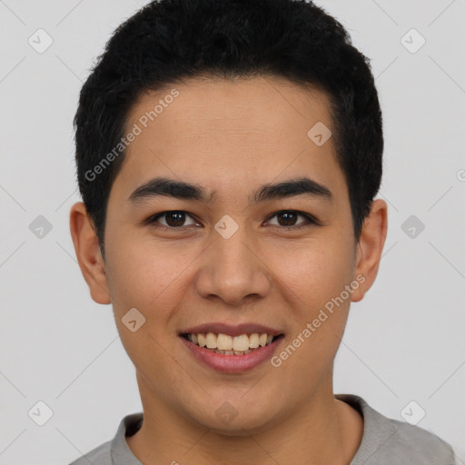 Joyful latino young-adult male with short  black hair and brown eyes