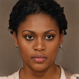 Neutral black young-adult female with short  brown hair and brown eyes