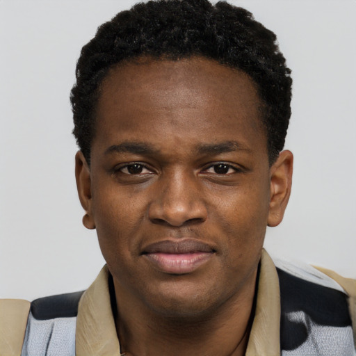 Joyful black young-adult male with short  black hair and brown eyes