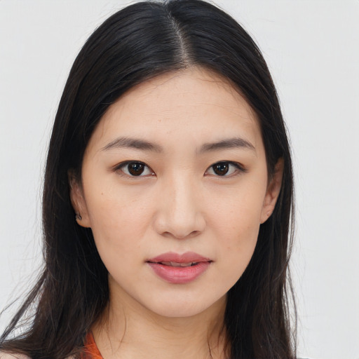 Neutral asian young-adult female with long  brown hair and brown eyes