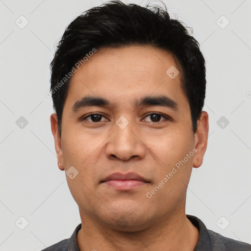 Neutral asian young-adult male with short  black hair and brown eyes