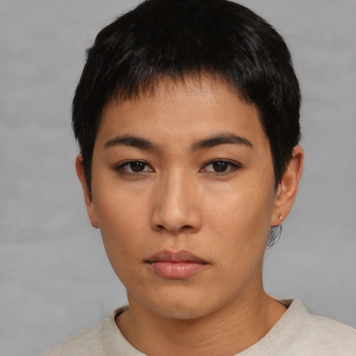 Neutral asian young-adult female with short  black hair and brown eyes