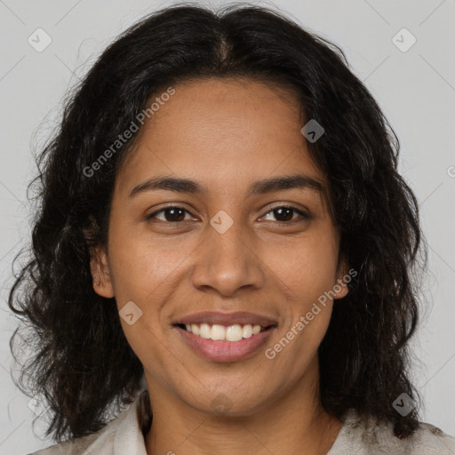 Joyful latino young-adult female with medium  brown hair and brown eyes