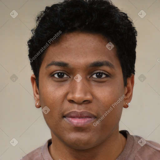 Neutral black young-adult male with short  black hair and brown eyes