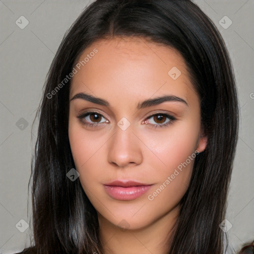 Neutral white young-adult female with long  brown hair and brown eyes