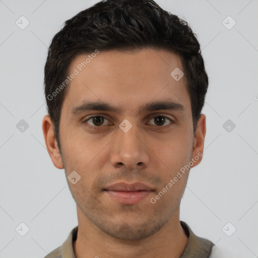Neutral latino young-adult male with short  brown hair and brown eyes