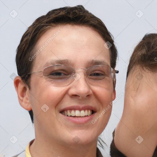 Joyful white adult female with short  brown hair and brown eyes