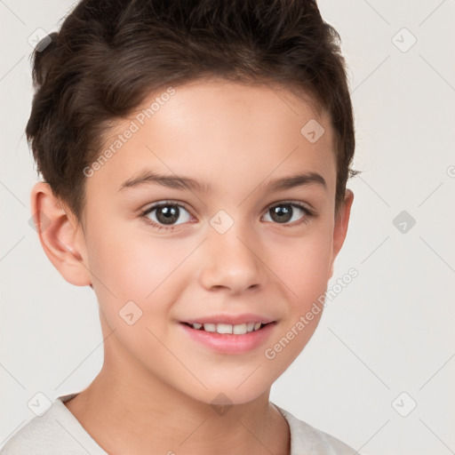 Joyful white child female with short  brown hair and brown eyes