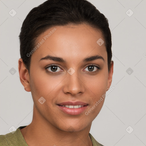 Joyful white young-adult female with short  brown hair and brown eyes