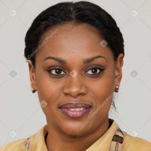 Joyful latino young-adult female with short  brown hair and brown eyes
