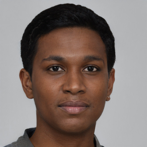 Neutral black young-adult male with short  black hair and brown eyes