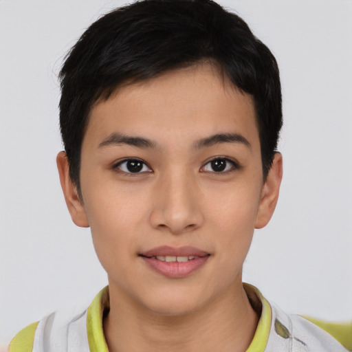 Joyful latino young-adult female with short  brown hair and brown eyes