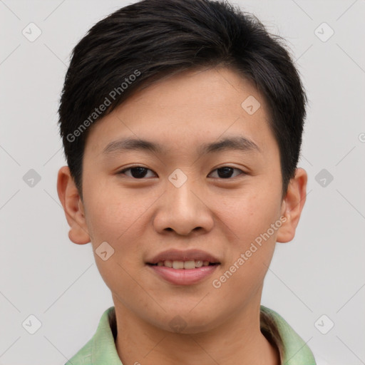 Joyful asian young-adult male with short  brown hair and brown eyes