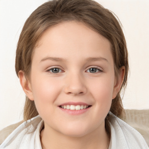 Joyful white child female with medium  brown hair and blue eyes