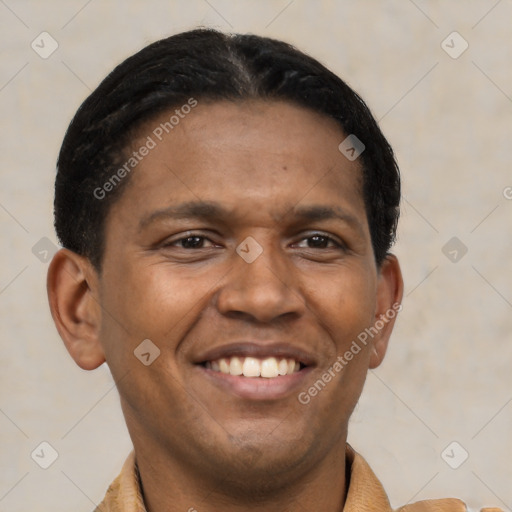 Joyful latino young-adult male with short  black hair and brown eyes