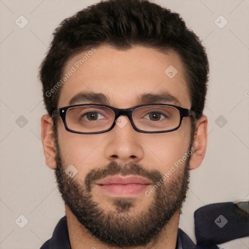 Neutral white young-adult male with short  brown hair and brown eyes