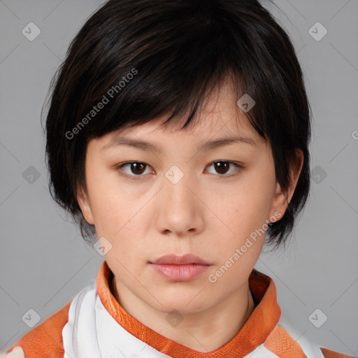 Neutral white young-adult female with medium  brown hair and brown eyes