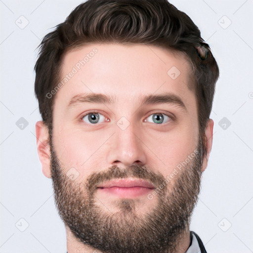 Neutral white young-adult male with short  brown hair and grey eyes