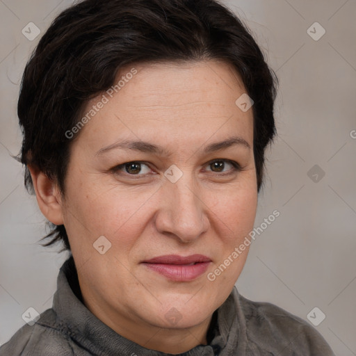 Joyful white adult female with medium  brown hair and brown eyes