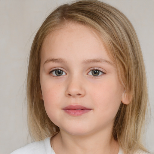 Neutral white child female with medium  brown hair and blue eyes