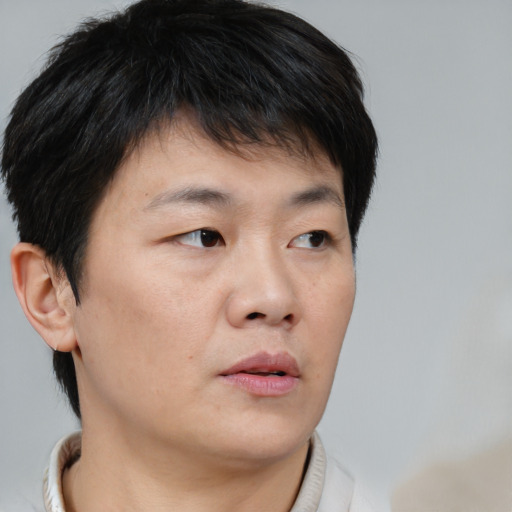Neutral asian young-adult male with short  brown hair and brown eyes