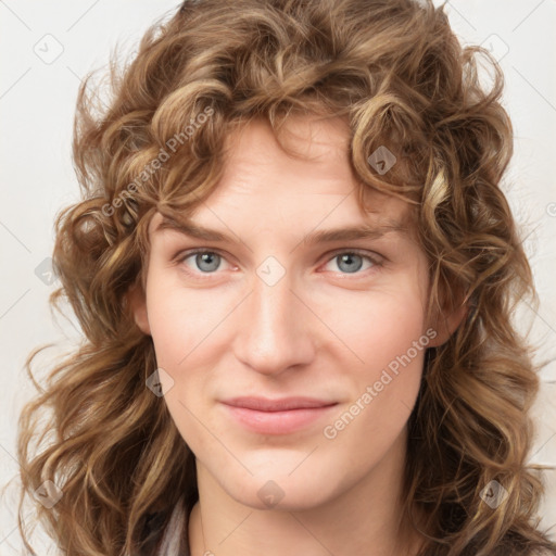 Joyful white young-adult female with medium  brown hair and green eyes